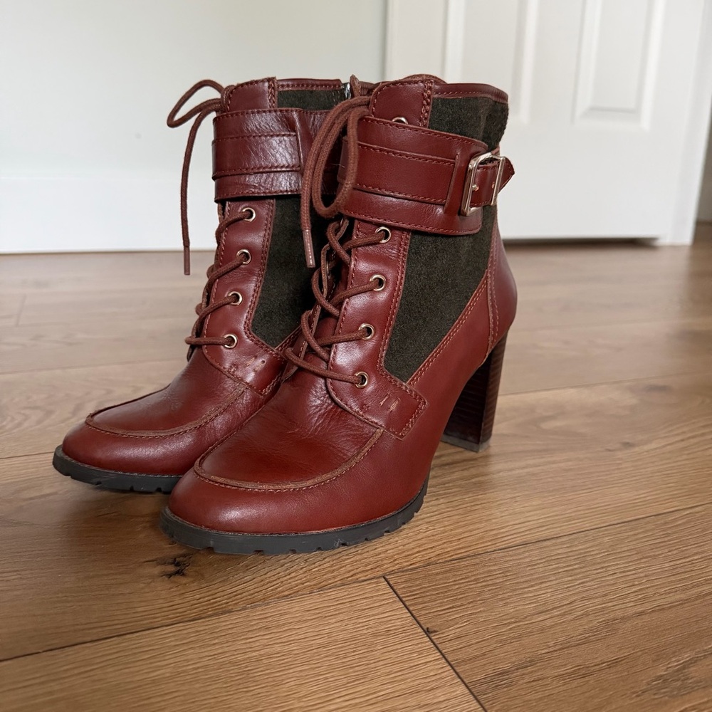 Antonio Melani Leather Ankle Boots Block Heel Zip Closure Burgundy‎ Size 8
